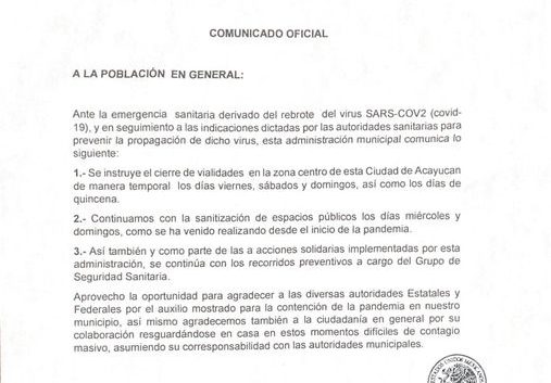 EMITEN COMUNICADO OFICIAL EN ACAYUCAN, VERACRUZ
