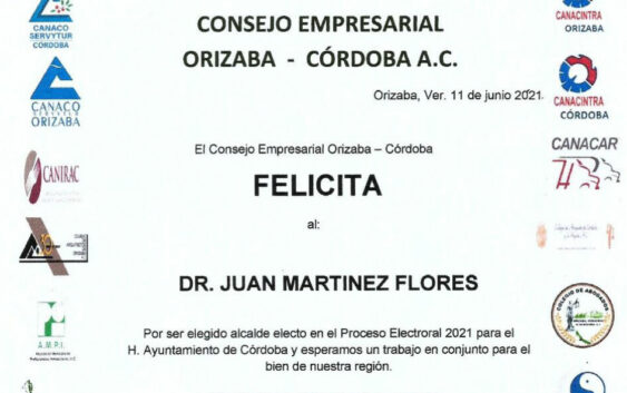 Consejo Empresarial felicita al alcalde electo de Córdoba, Dr. Juan Martínez