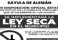 Ayuntamiento de Sayula de Alemán anuncia implementación de la Ley Seca para este fin de semana