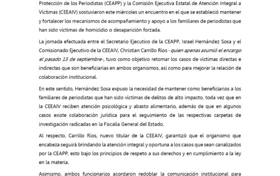 Acuerdan CEAPP y CEEAIV fortalecer apoyo integral a periodistas