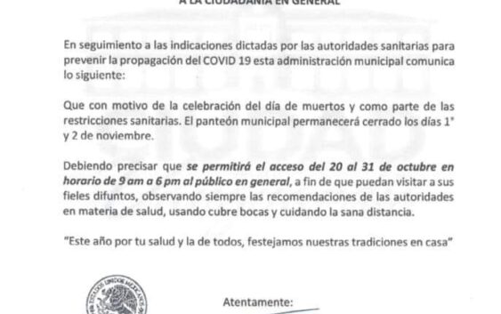 Cerrarán Panteón municipal de Acayucan los días 1 y 2 de Noviembre