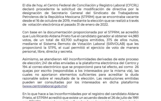 Secretaría del Trabajo federal avala triunfo de Ricardo Aldana