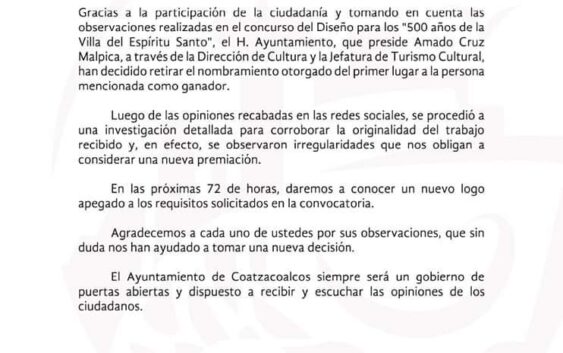 Darán a conocer nuevo ganador del concurso del diseño del logo de los 500 años de Coatzacoalcos
