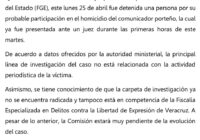En relación a la detención de una persona por el homicidio del comunicador José Luis Gamboa Arenas, ocurrido el pasado 10 de enero en el puerto de Veracruz, la Comisión Estatal para la Atención y Protección de los Periodistas (CEAPP) informa lo siguiente: