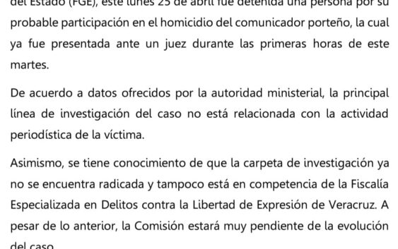 En relación a la detención de una persona por el homicidio del comunicador José Luis Gamboa Arenas, ocurrido el pasado 10 de enero en el puerto de Veracruz, la Comisión Estatal para la Atención y Protección de los Periodistas (CEAPP) informa lo siguiente: