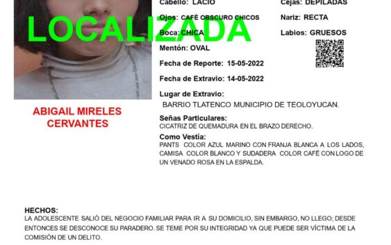 Localizan en Huichapan Hidalgo a Abigail, estaba bajo su propia voluntad con su novio conocido a través de Facebook.