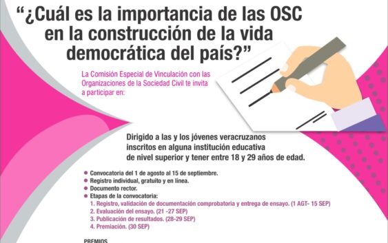 Juventud Veracruzana de Educación Superior puede participar en el Concurso de Ensayo “¿Cuál es la importancia de las OSC en la construcción de la vida democrática del país?”: OPLE Veracruz