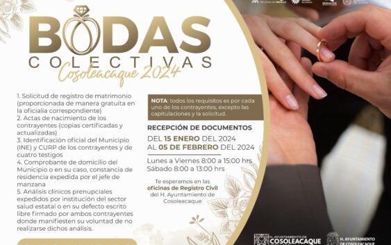 Abierta la convocatoria para las bodas colectivas Cosoleacaque 2024