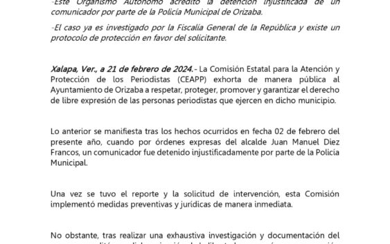 Exhorta CEAPP a Ayuntamiento de Orizaba a garantizar libre expresión de periodistas
