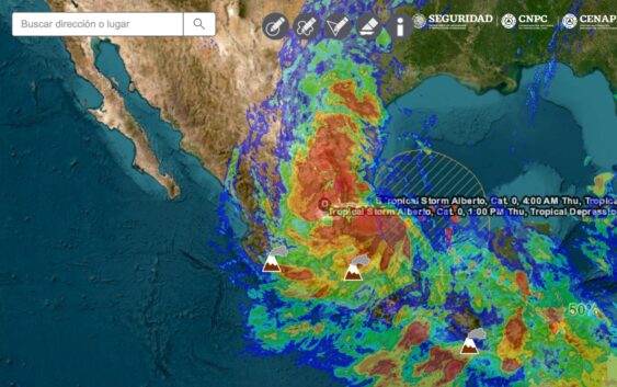 SIAT-CT para Veracruz: Naranja por ciclón acercándose para el norte de Veracruz, amarillo y verde por ciclón alejándose para el centro y sur