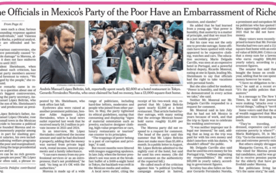 El diario The New York Times destaca los lujos de integrantes de Morena