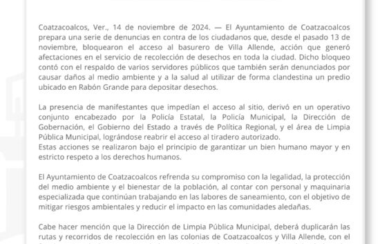 Coatzacoalcos prepara denuncias en contra quienes bloquearon el acceso al basurero de Villa Allende