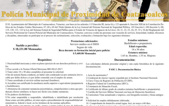 Gobierno de Coatzacoalcos lanza convocatoria para reclutamiento de la Policía Municipal de proximidad