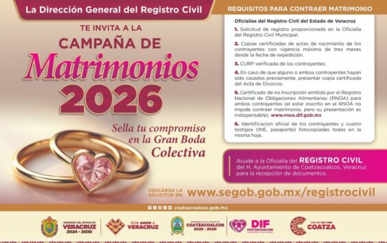 En Coatzacoalcos invitan a parejas para aprovechar la Campaña de Matrimonios 2026