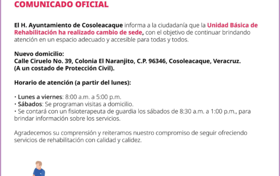 Unidad Básica de Rehabilitación de Cosoleacaque cambia de ubicación  