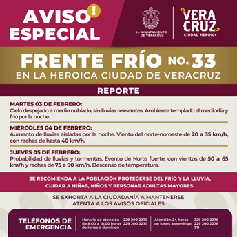 Prevé PC de Veracruz nuevo norte por ingreso de Frente frío No.33 el próximo jueves