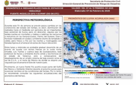 Mantiene Protección Civil de Veracruz Aviso Especial previo a ingreso de Frente Frío No.33