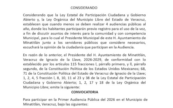 El Gobierno de Minatitlán, que preside el maestro Guillermo Reyes Espronceda, invita a la ciudadanía a participar en la Primera Audiencia Pública.
