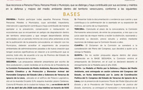 Emite Comisión convocatoria para entrega del Premio al Mérito Ambiental 2026